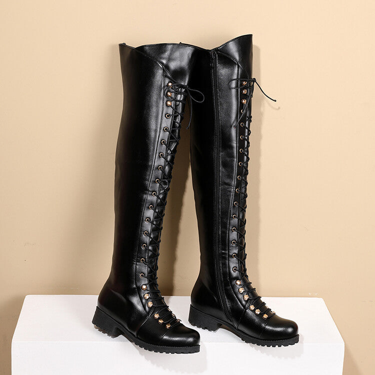 Lace-Up Low Heel Form-Fitting Boots 