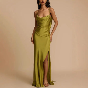 Women’s Slip Dress – Satin Fabric – Cowl Neck – Spaghetti Straps – Side Slit – Full Length