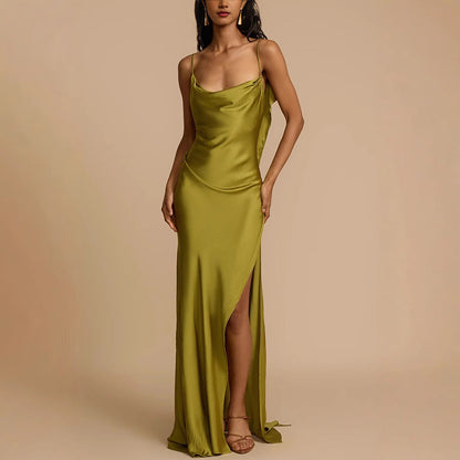 Women’s Slip Dress – Satin Fabric – Cowl Neck – Spaghetti Straps – Side Slit – Full Length
