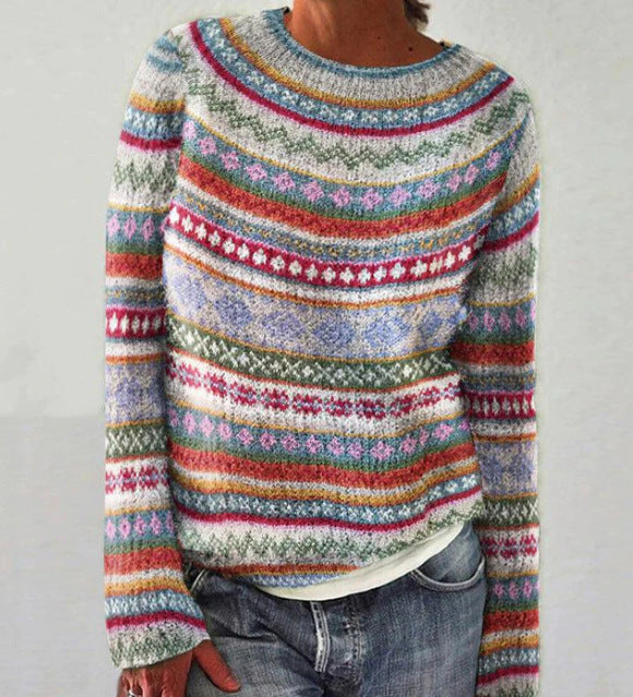 Women's loose multicolor striped round neck knit pullover sweater
