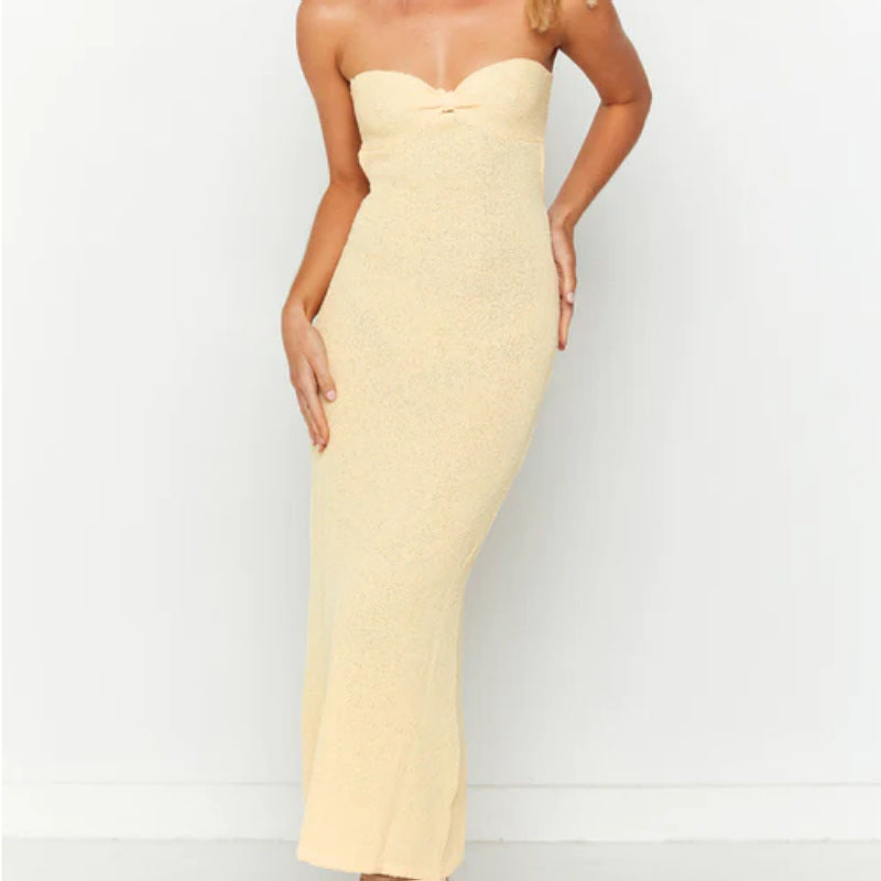 Women’s Knit Dress – Strapless Slim Fit – Open Back Twist – Full Length Formal Wear