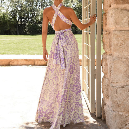 Women’s Halter Neck Dress – Full Length – Floral Print – Backless Flowing Fit