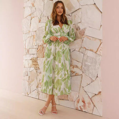 Women’s Chiffon Maxi Dress – Floral Print – V-Neck – Long Sleeve – Relaxed Fit
