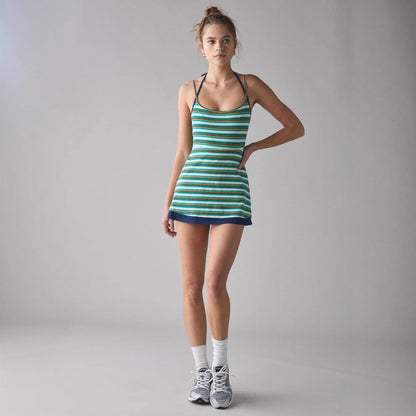 Women’s Slip Dress – Knit Fabric – Slim Fit – Scoop Neck – Striped – Mini Length