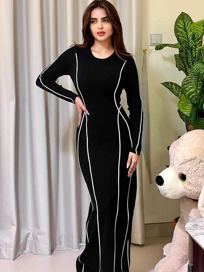 Women's Elegant Long Sleeve Maxi Dress - Striking Contrast Stripes - Form-Fitting Silhouette