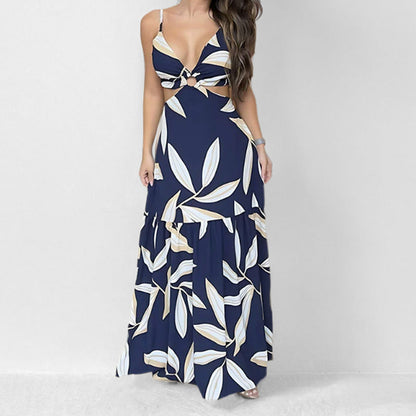 Women’s Maxi Dress – Halter Neck – Cut-Out Waist – Tiered A-Line Skirt – Bold Print