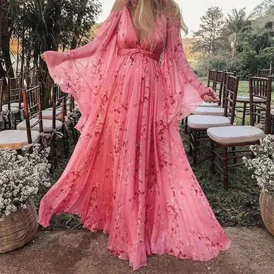 Floral Print Chiffon V-Neck Maxi Dress