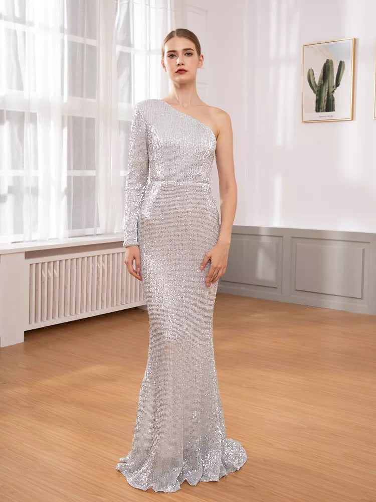 Women’s Evening Gown – Sequined One Shoulder – Slim Fit – Mermaid Silhouette