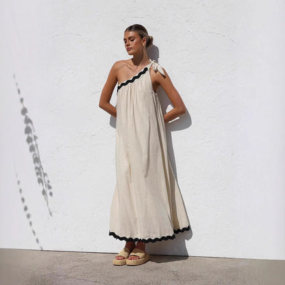 Women’s Long Dress – One Shoulder – Tie Detail – Relaxed Fit – Scalloped Hem – Lightweight Fabric