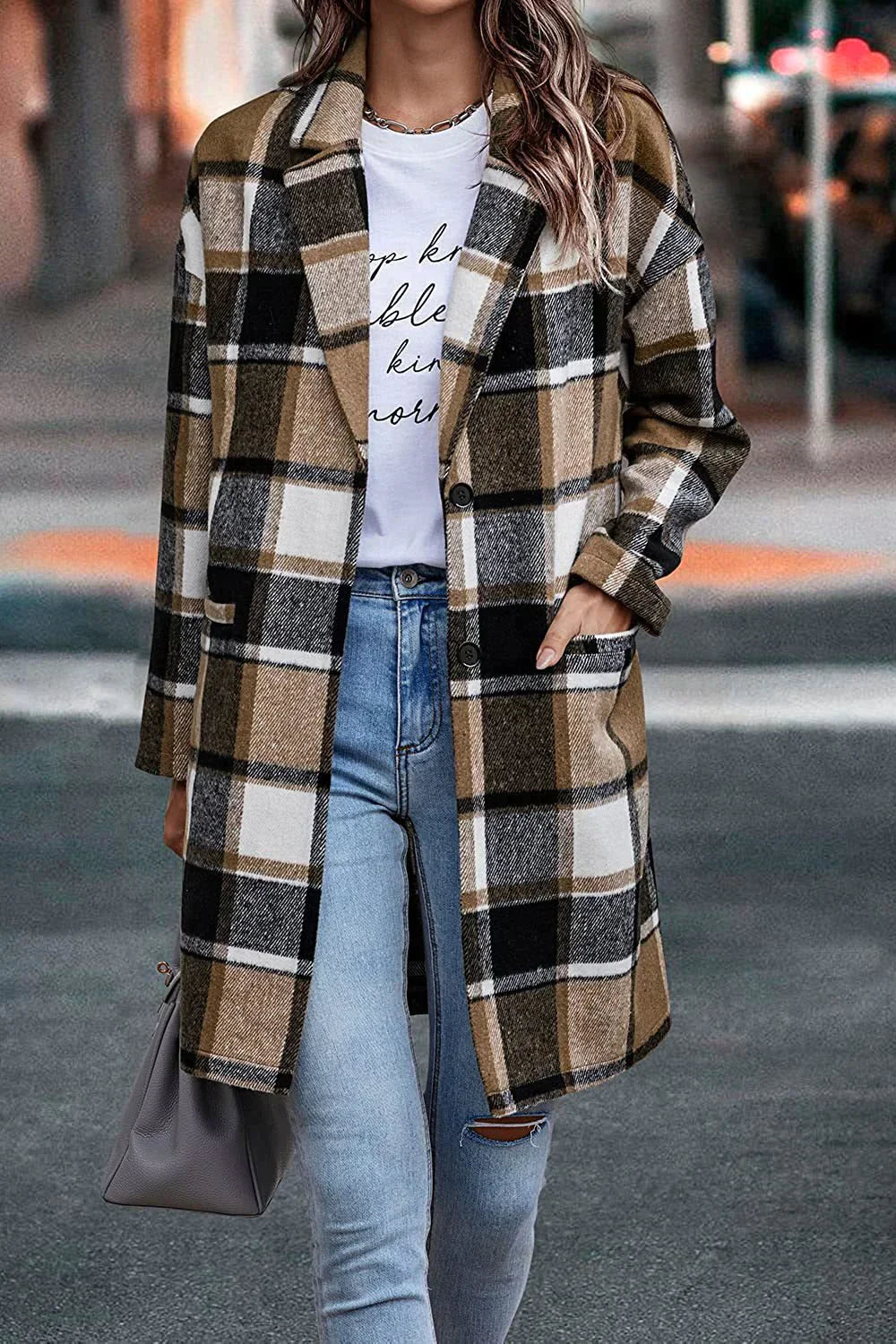 Women's loose fit checked coat with lapel pocket