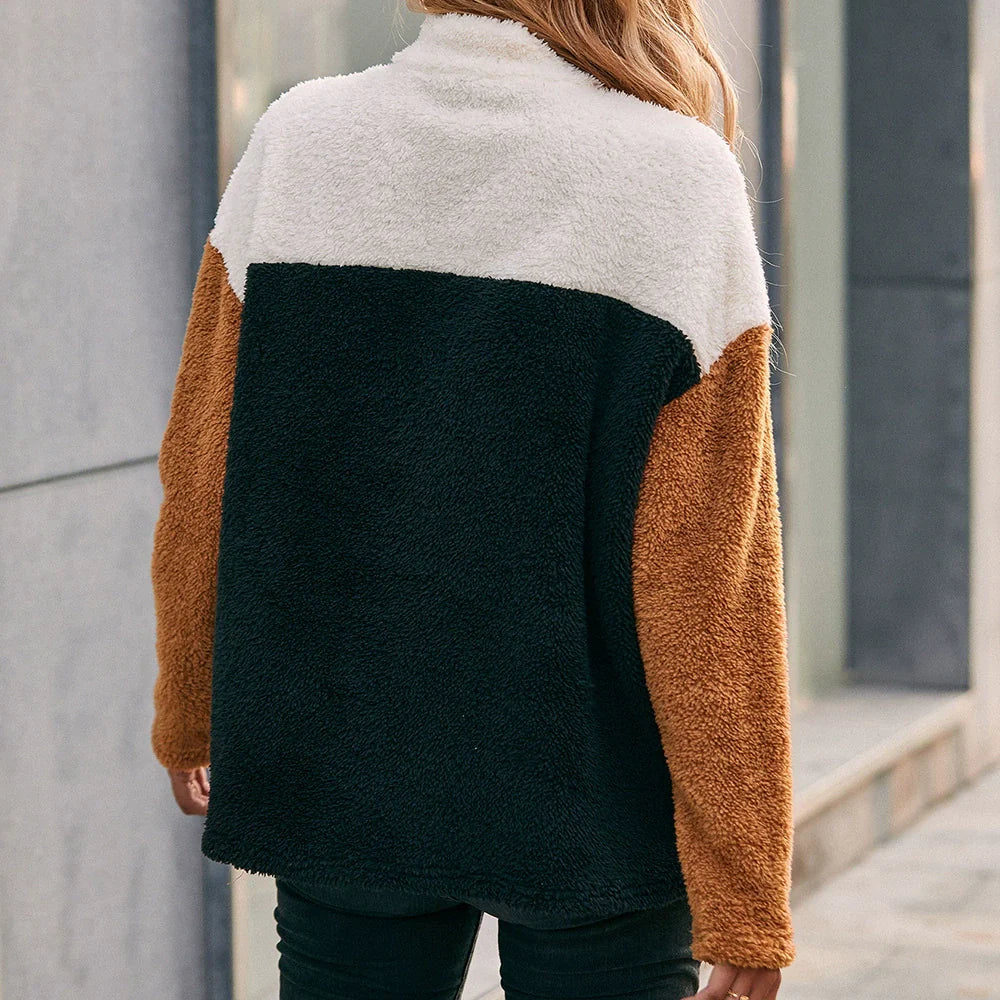 Women’s Sweatshirt – Oversized Fit – Sherpa Texture – Half Zip Patchwork Design – Pockets