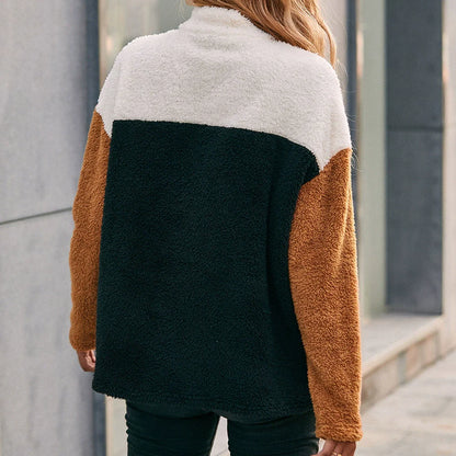 Women’s Sweatshirt – Oversized Fit – Sherpa Texture – Half Zip Patchwork Design – Pockets