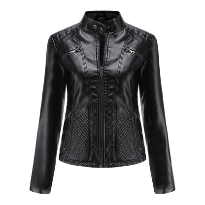 Women's casual faux leather stand-up collar jacket