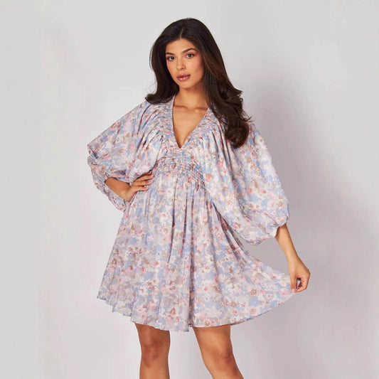 Chiffon Ruched Waist Bohemian Short Dress