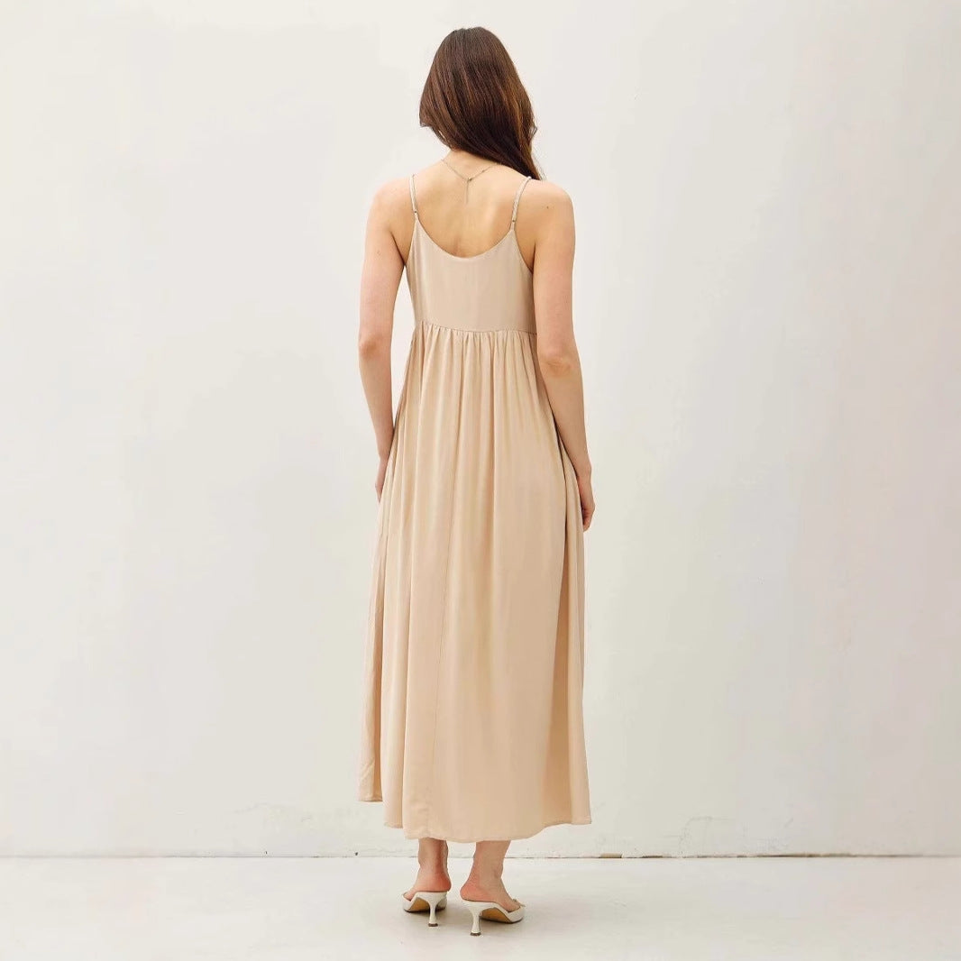 Flowy Pleated Cotton A-Line Maxi Dress