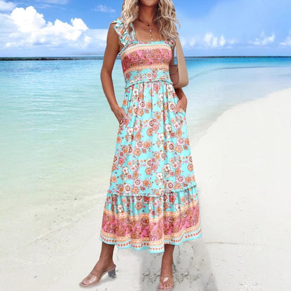 Women’s Midi Dress – Cotton Blend – Loose Fit – Square Neck – Ruffle Sleeve – Boho Print