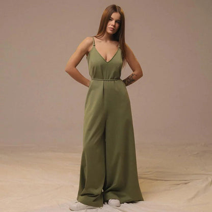 Women’s Jumpsuit – Linen Blend – Wide Leg – Loose Fit – V-Neck – Tie Waist
