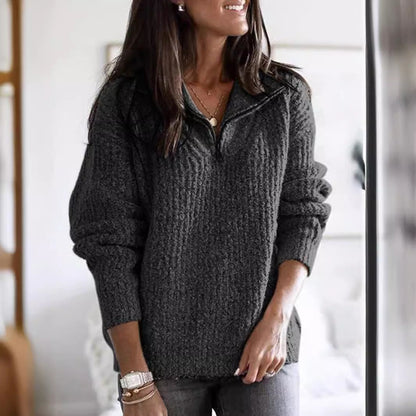 Women’s Knit Sweater Jacket – Wool Blend – Ribbed Texture – Half Zip – Relaxed Fit