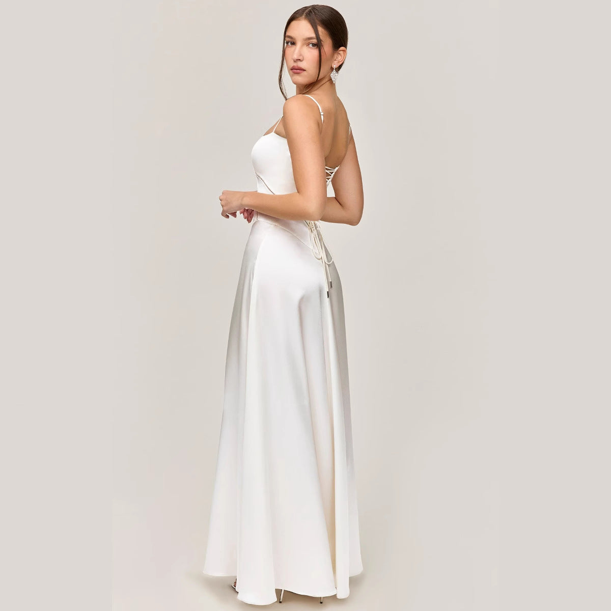 Women’s Midi Dress – Satin Feel – Slim Fit – A-Line – Lace Panel – Spaghetti Strap
