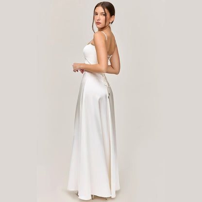 Women’s Midi Dress – Satin Feel – Slim Fit – A-Line – Lace Panel – Spaghetti Strap