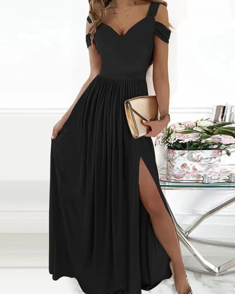 Women's Evening Gown - Off-Shoulder Sweetheart Neckline - High Slit Flowing Skirt