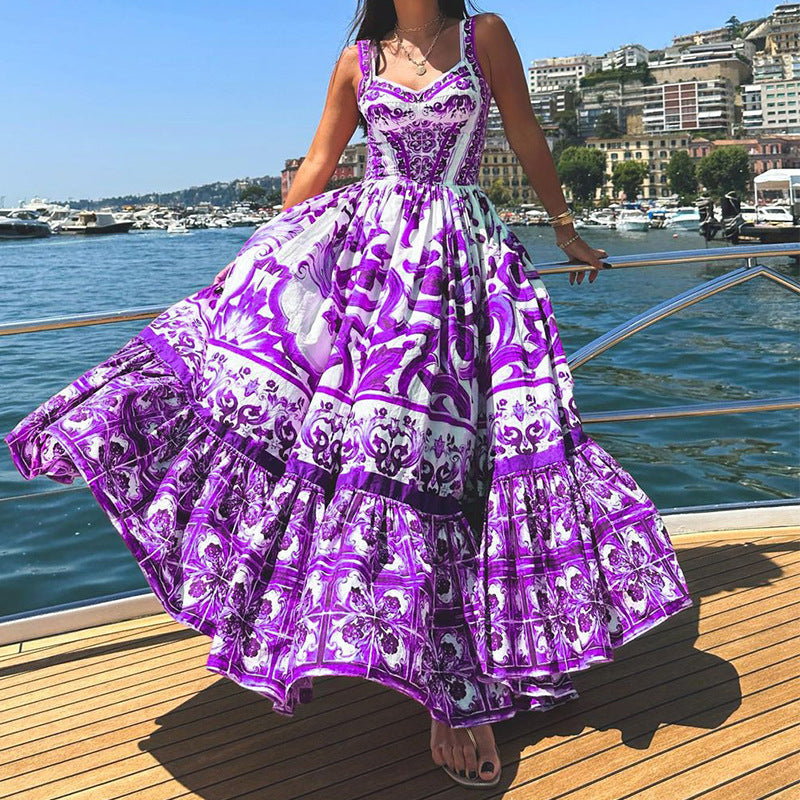 Flowing Printed Breathable Suspender Dress 