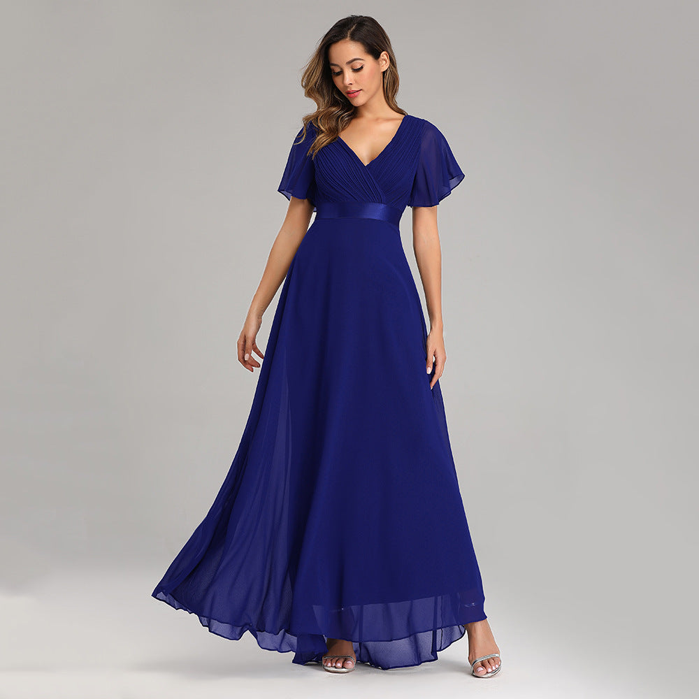 Crepe Fabric Flutter Sleeve Evening Dress