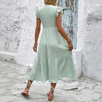 Women’s Midi Dress – Textured Fabric – A-Line Fit – Ruffled Sleeves – Layered Hem