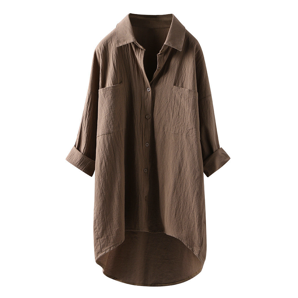 Women's Oversized Button-Up Shirt - Long Sleeve - High-Low Hem - Relaxed Fit - Front Pockets