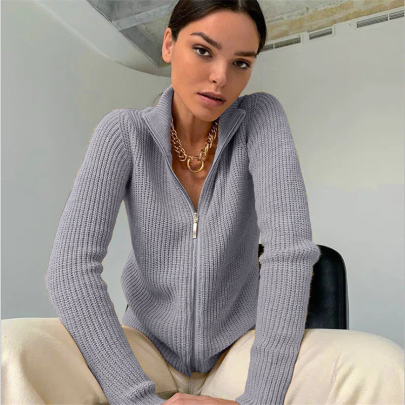 Ribbed Fitted Zipper Front Knit Cardigan 
