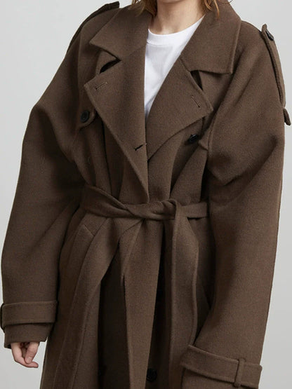 Women’s Long Coat – Wool Blend – Oversized Fit – Double-Breasted – Belted Trench