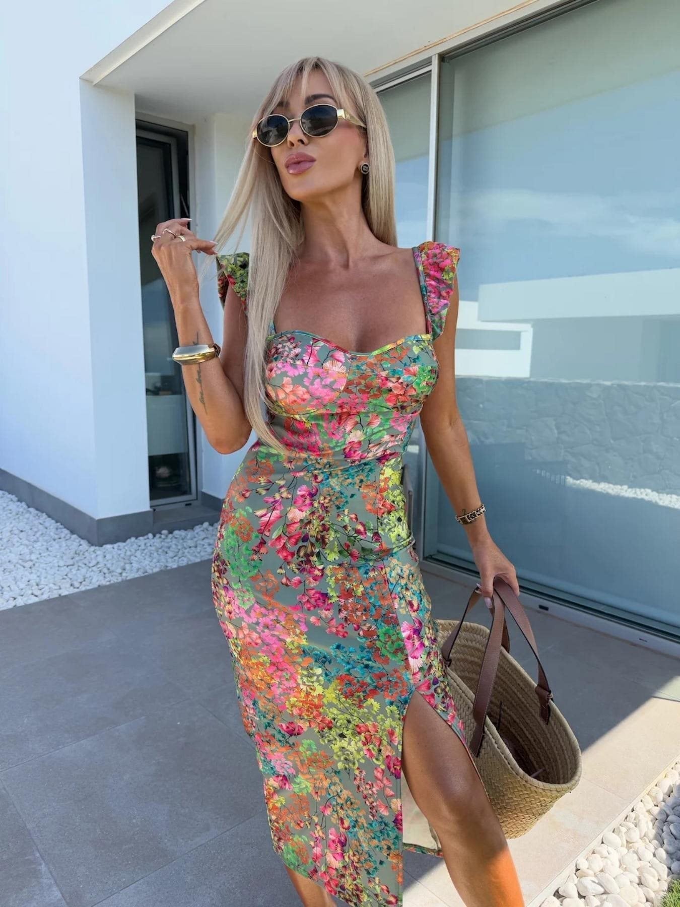 Women’s Midi Dress – Slim Fit – Floral Print – Ruffled Straps – Side Slit – Breathable Blend