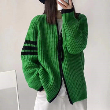 Women's double zipper striped slim fit stand collar cardigan