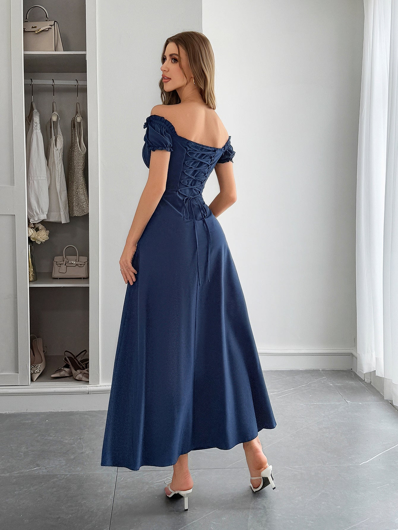 Off-Shoulder Corset Back White Maxi Dress