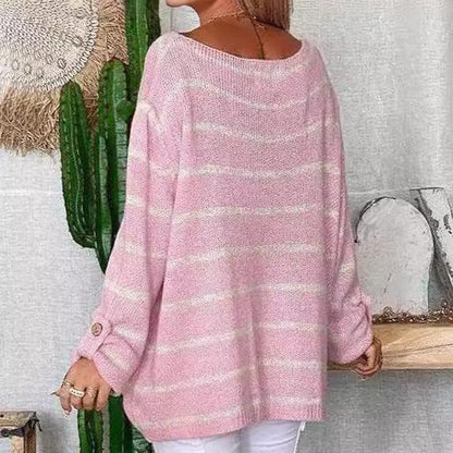 Women's striped boat neck sweater with large pocket