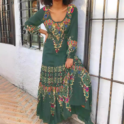 Women's Maxi Dress - Bohemian Print - Long Sleeve - Scoop Neck - Flowy Relaxed Fit