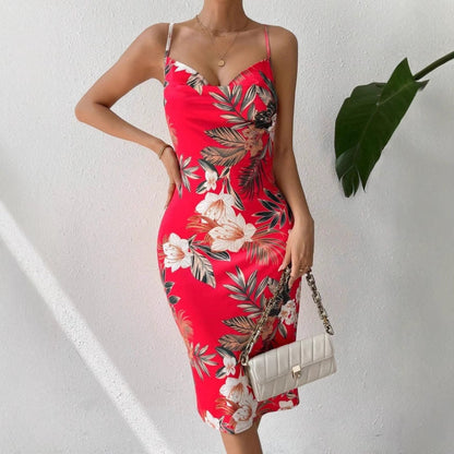 Women’s Midi Dress – Fitted Silhouette – Spaghetti Straps – Floral Print – Side Slit