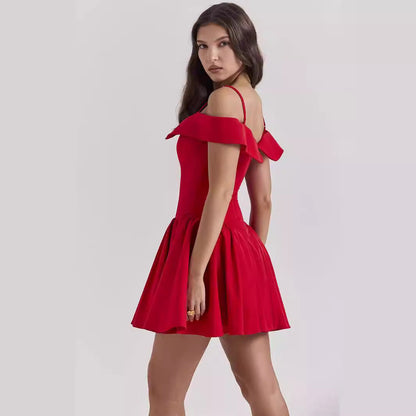 Women’s Fit and Flare Dress – V-Neck – Spaghetti Straps – Pleated Mini Skirt – Off-Shoulder