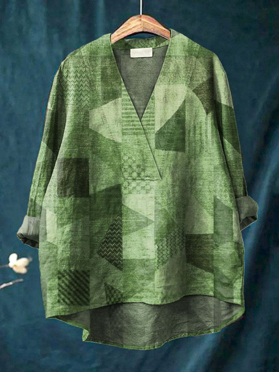 Women’s Long Sleeve Shirt – Relaxed Fit – V-Neck – Rolled Sleeves – Digital Print