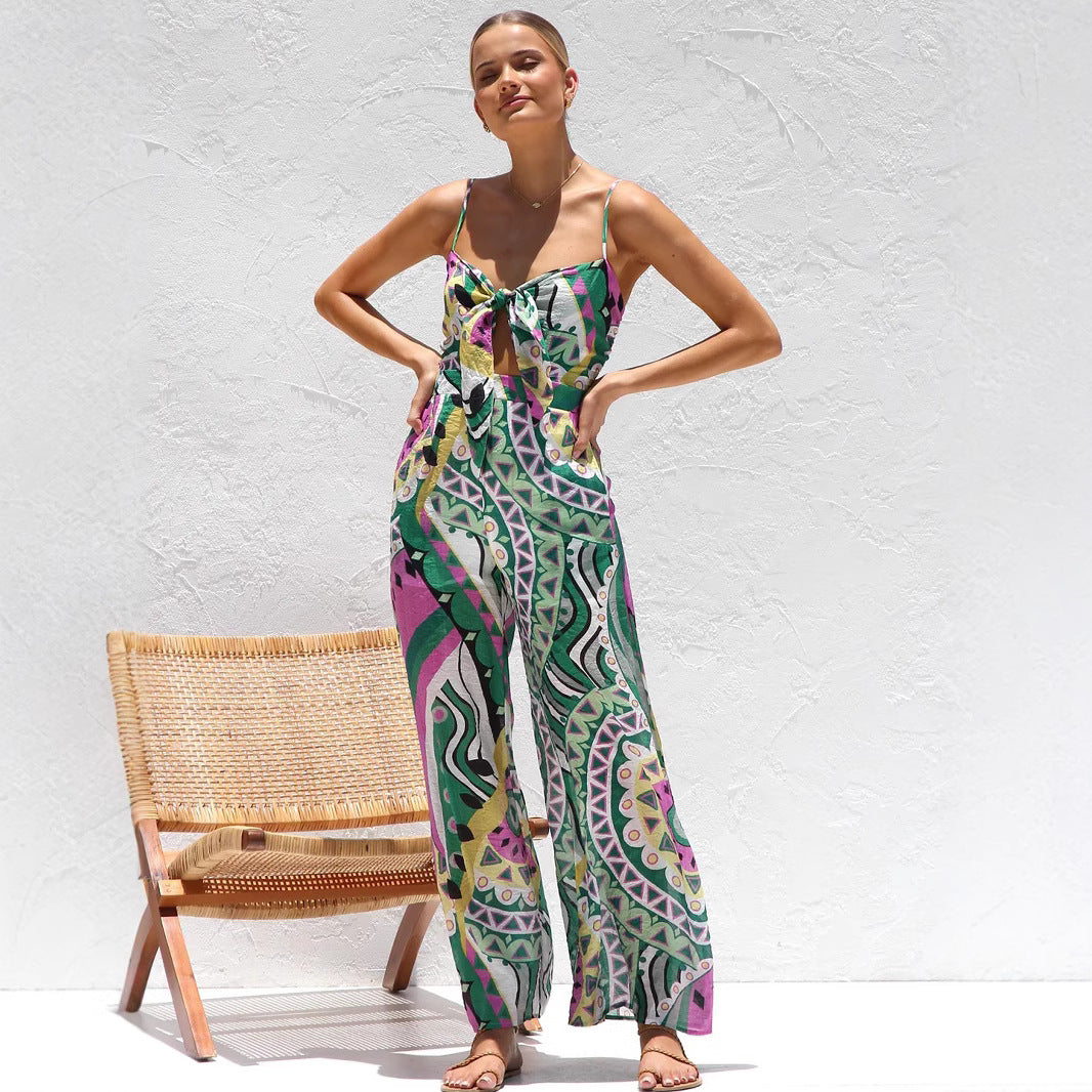 Women’s Jumpsuit – Wide Leg – Spaghetti Strap – Front Tie Cut-Out – Breathable Fabric