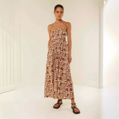 Women’s Maxi Dress – Lightweight Cotton Blend – Ruched Bodice – Spaghetti Straps