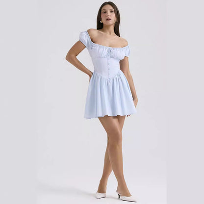 Women’s Mini Dress – Slim Fit – Puff Sleeve – Square Neck – Button Front