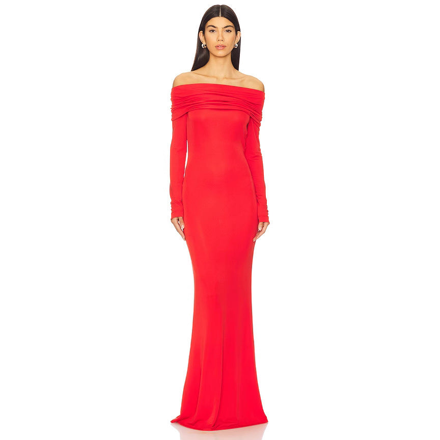Women’s Evening Dress – Slim Fit – Off-Shoulder – Draped Neckline – Long Sleeve – Satin Feel