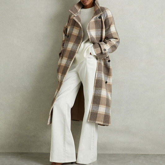 Wool Blend Oversized Check Pattern Trench Coat 