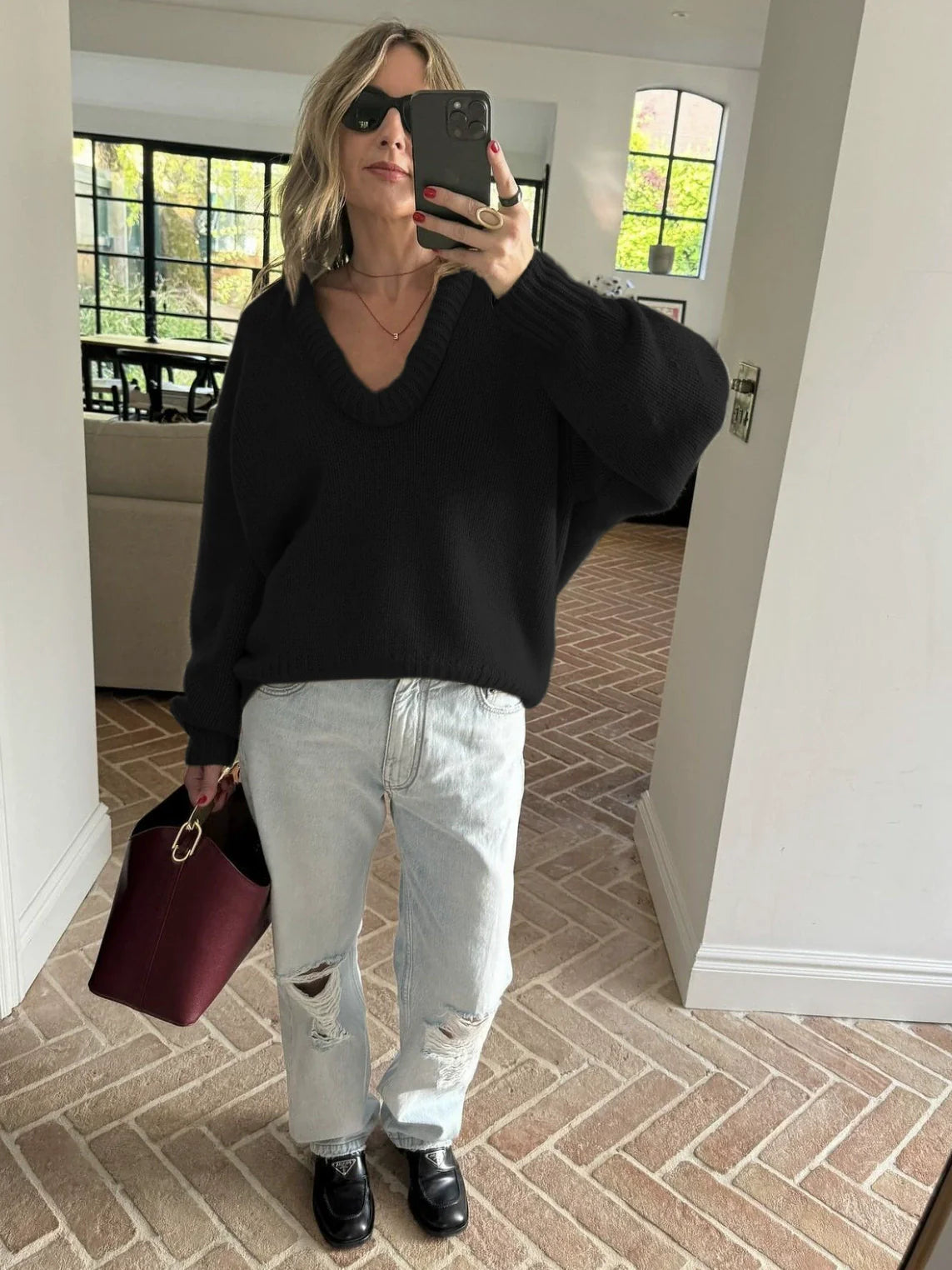Women’s Sweater – Loose Fit – Deep V-Neck – Wool Knit – Long Volume Sleeves – Ribbed Cuffs