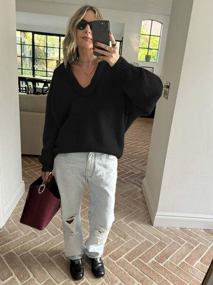 Women’s Sweater – Loose Fit – Deep V-Neck – Wool Knit – Long Volume Sleeves – Ribbed Cuffs