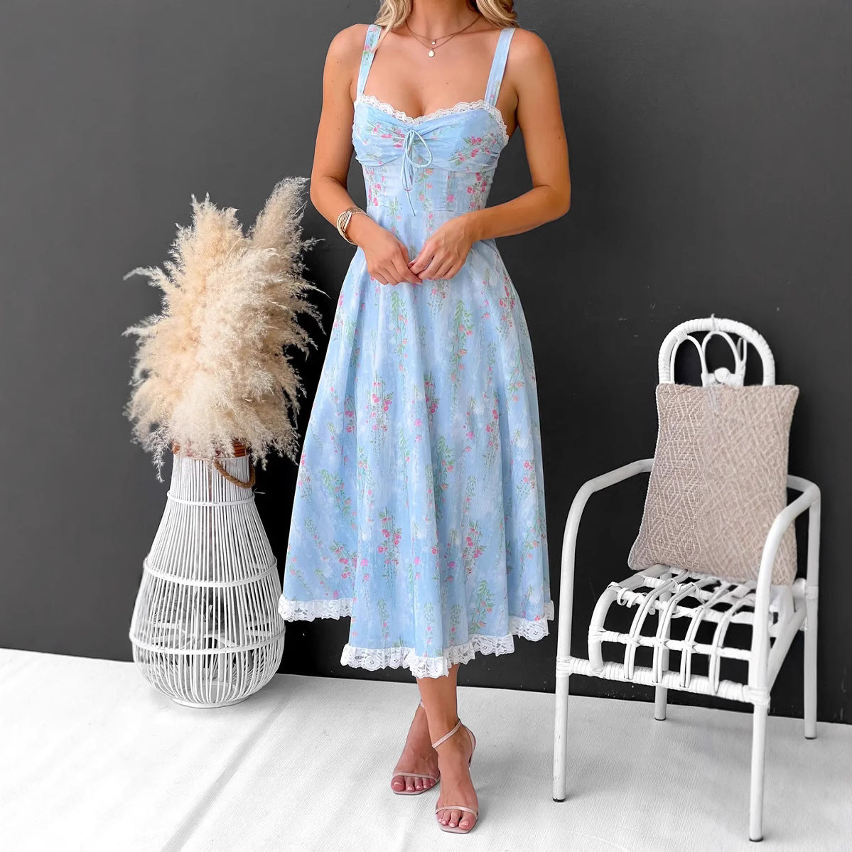 Women’s Midi Dress – A-Line Fit – Spaghetti Strap – Floral Print – Lace Trim