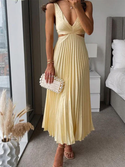 Women’s Maxi Dress – Chiffon Feel – Plunging V-Neck – Pleated Skirt – Cut-Out Details