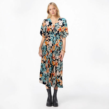 Women’s Midi Dress – V-Neck – High Waist – Printed – Short Wide Sleeves – Slit Skirt