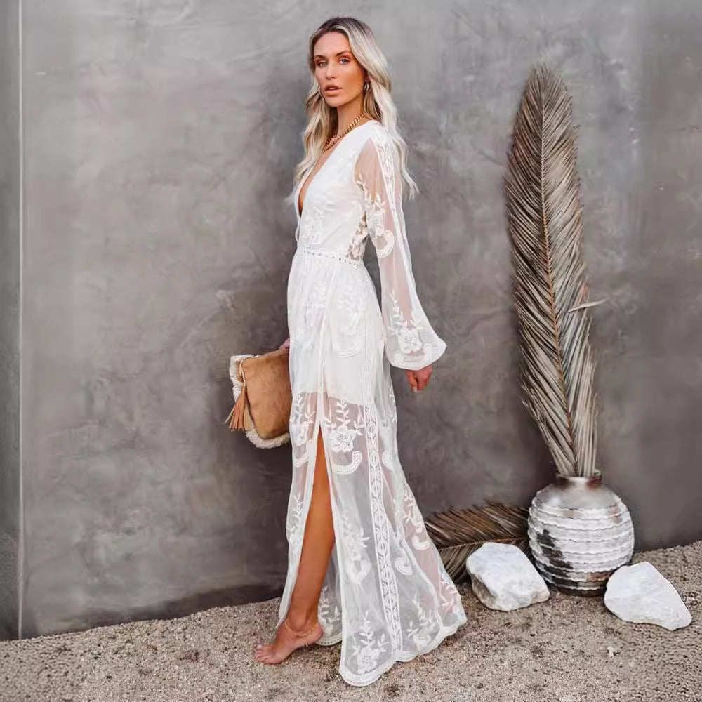Lace & Chiffon V-Neck Long Dress